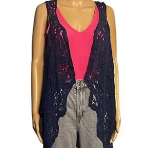 Jastie Women's Crochet Lace Sleeveless Cardigan Vest Navy Blue Size OSFM